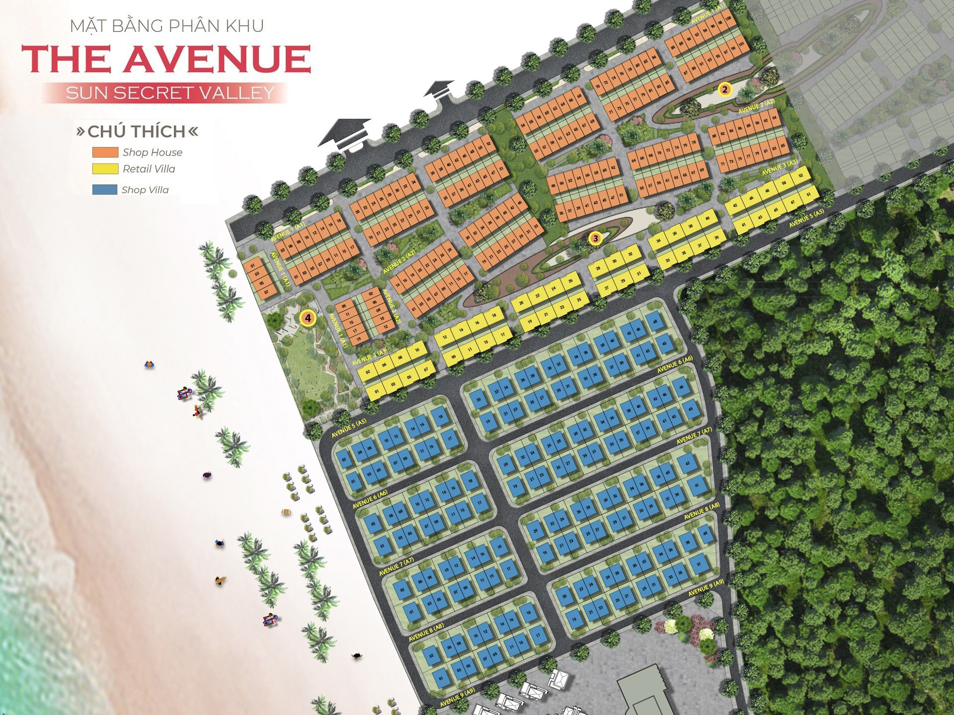 Mặt bằng lô số phân khu The Avenue dự án Sun Secret Valley Phú Quốc giai đoạn 1