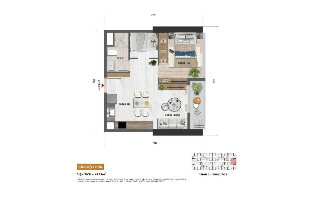 Layout căn 1pn+1 Sun Feliza Suites Cầu Giấy