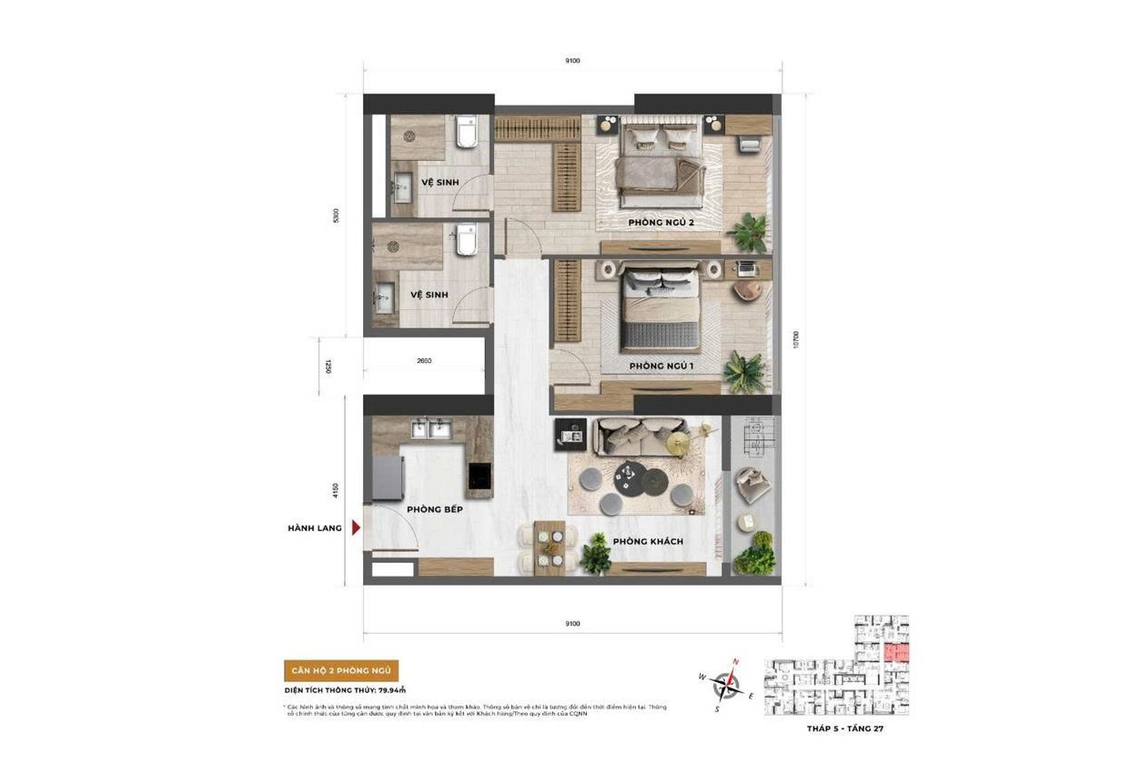 Layout căn 2 phòng ngủ Sun Feliza Suites Cầu Giấy