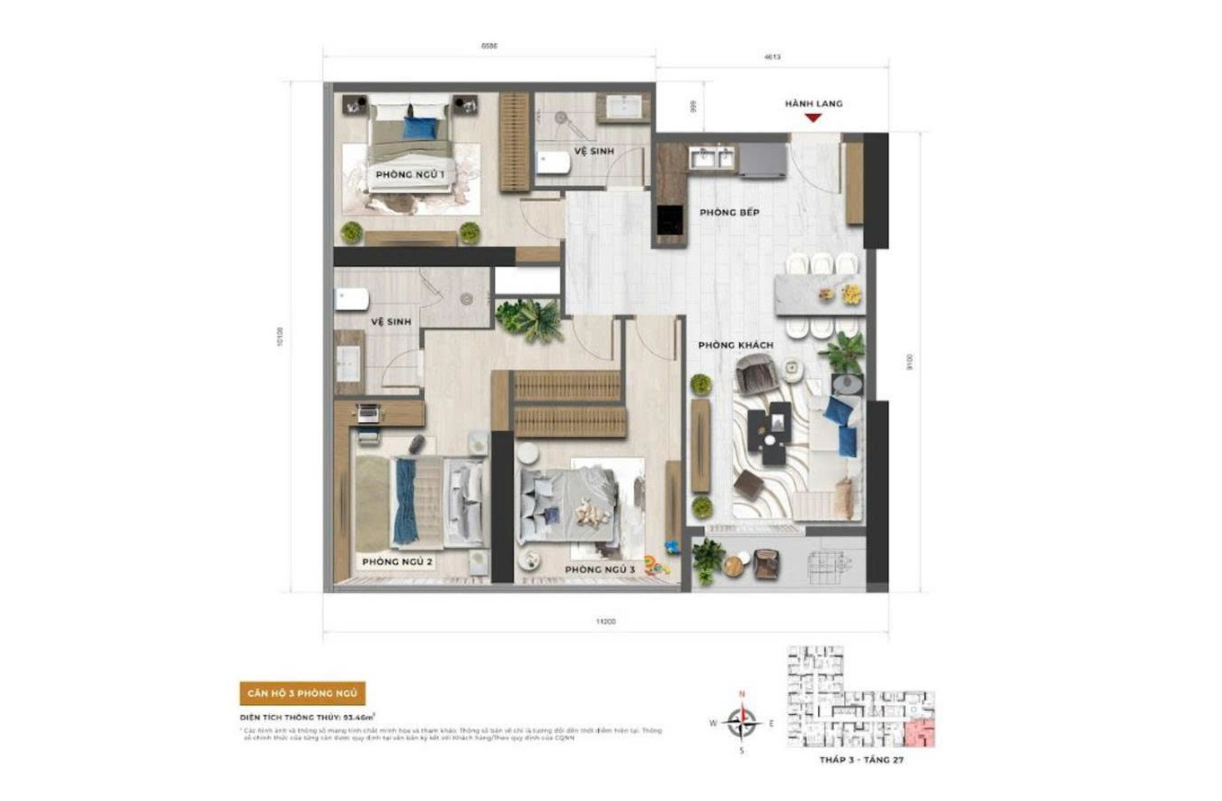 Layout căn 3 phòng ngủ Sun Feliza Suites Cầu Giấy