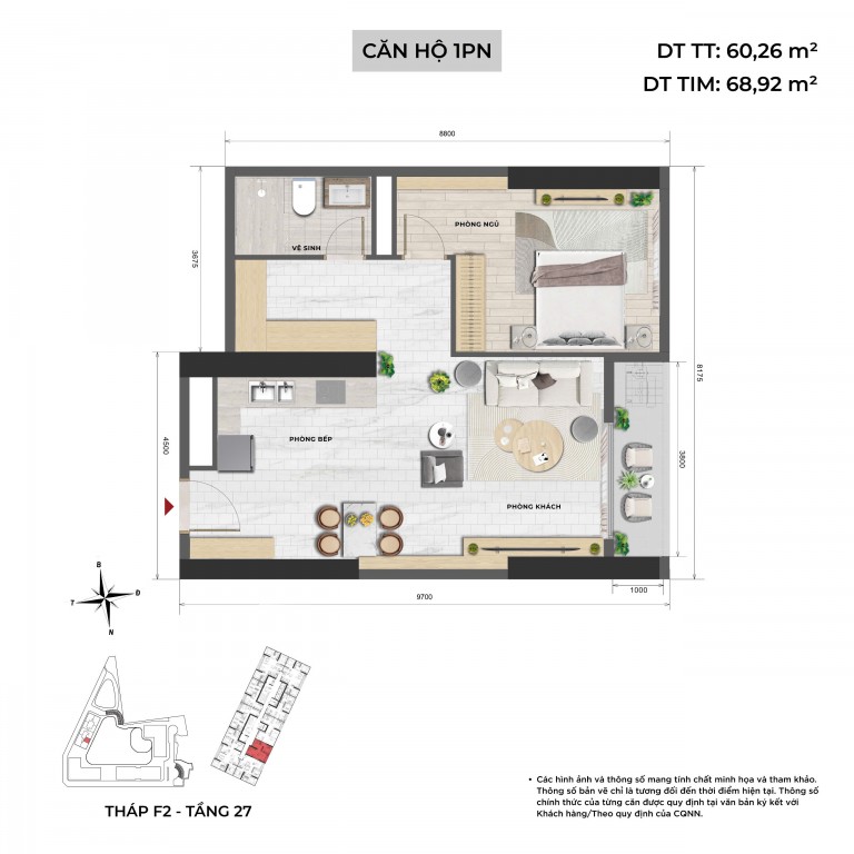 Layout căn 1 phòng ngủ Sun Feliza Suites