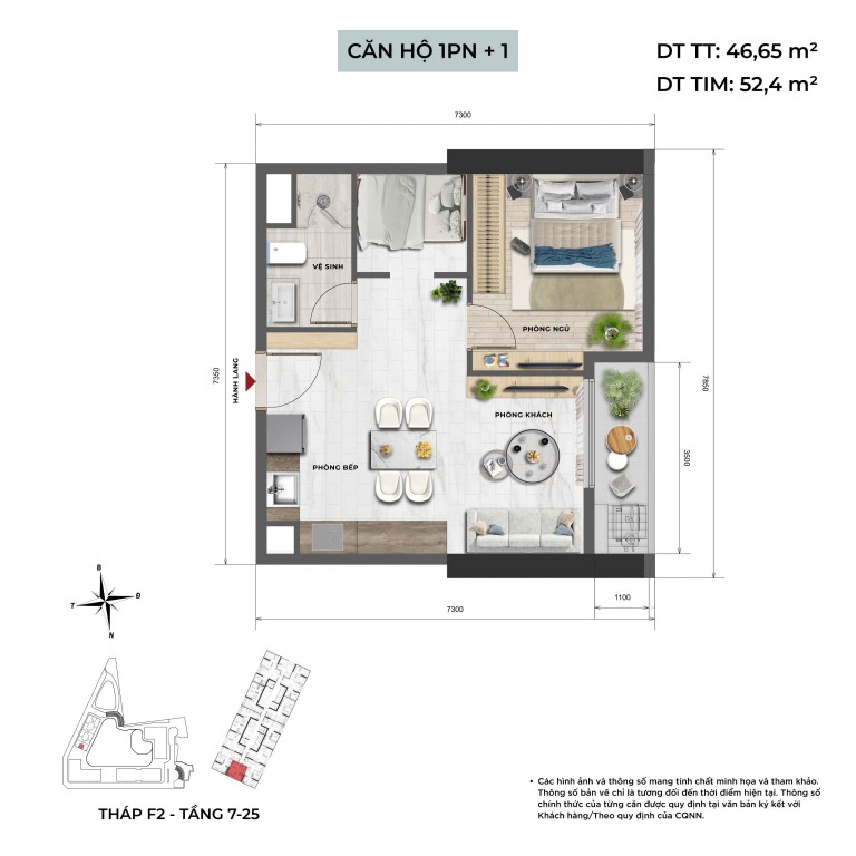 Layout căn 1 phòng ngủ + 1 Sun Feliza Suites