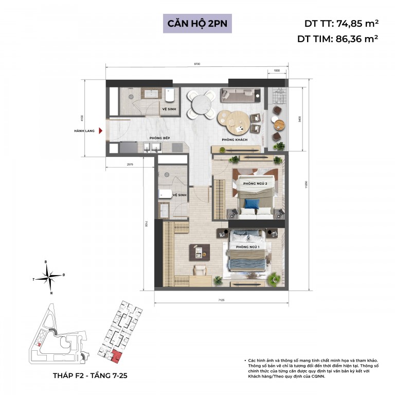 Layout căn 2 phòng ngủ Sun Feliza Suites