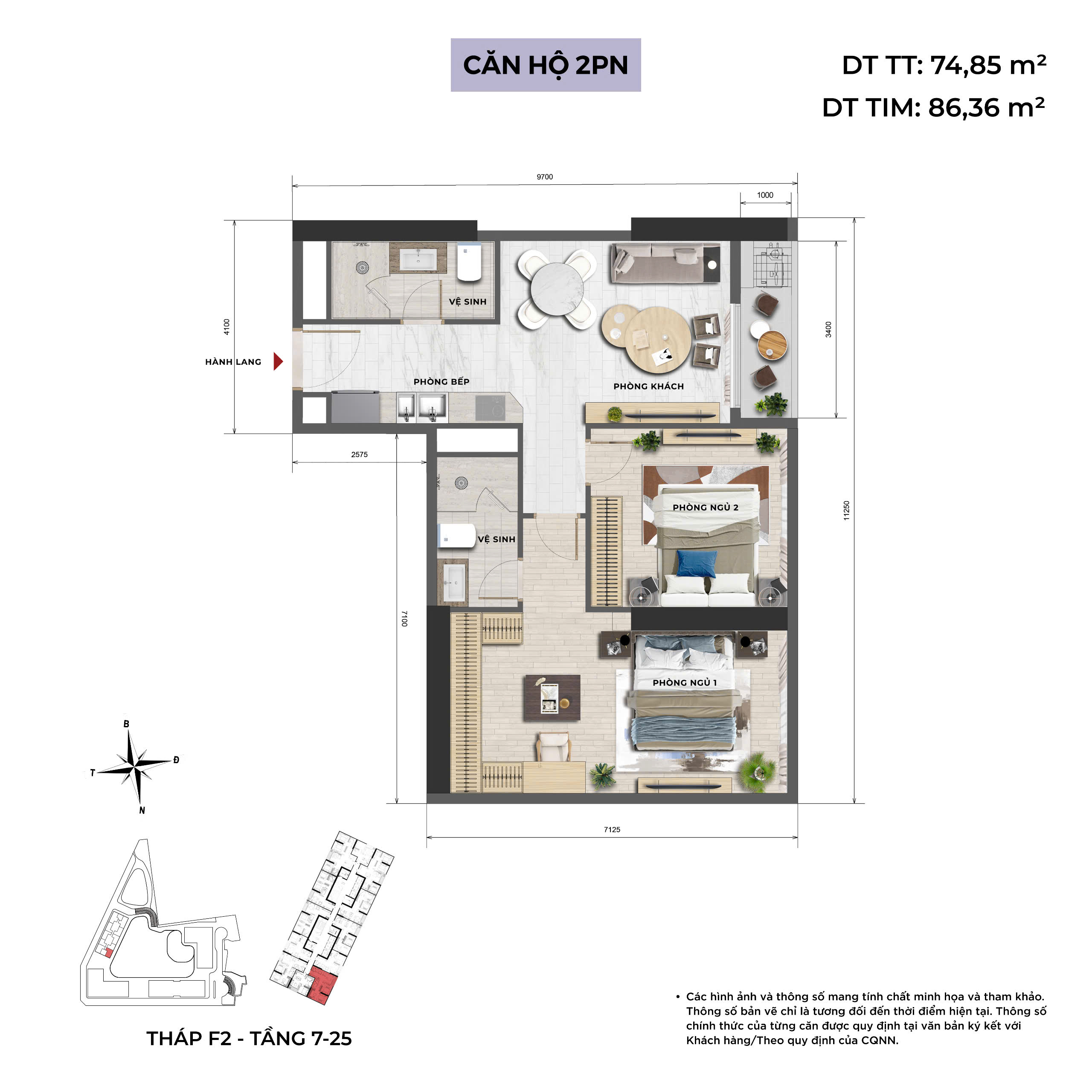 Layout căn 2 phòng ngủ Sun Feliza Suites