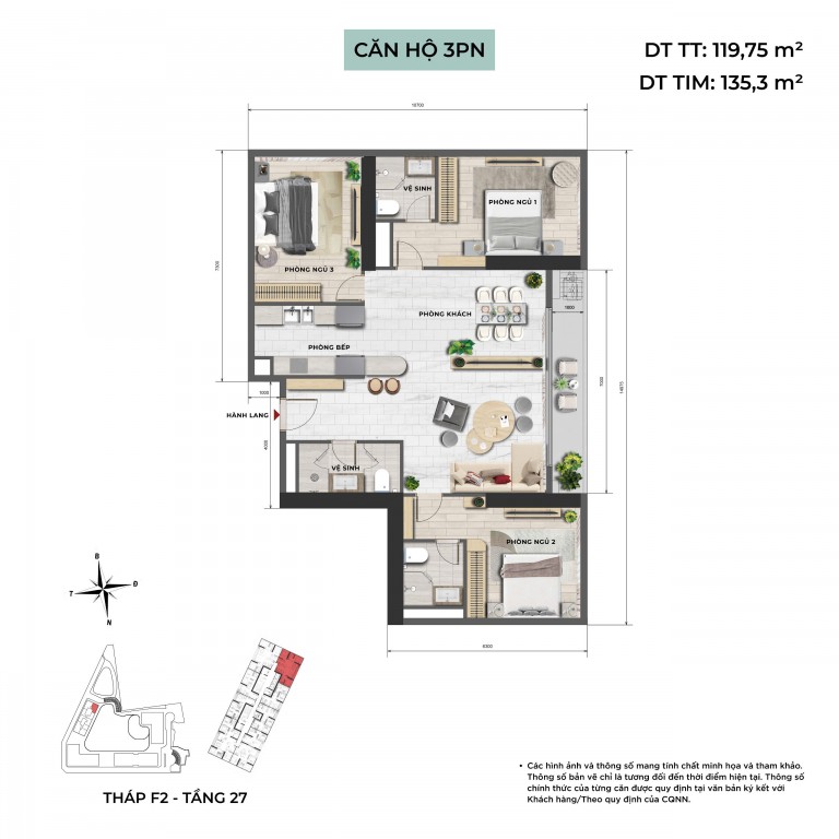 Layout căn 3 phòng ngủ Sun Feliza Suites