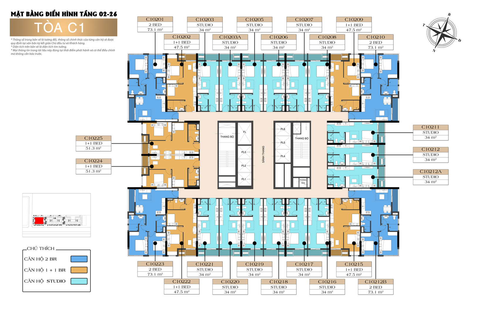 Mặt bằng tòa C1 tầng 2-26 Sun Centro Town